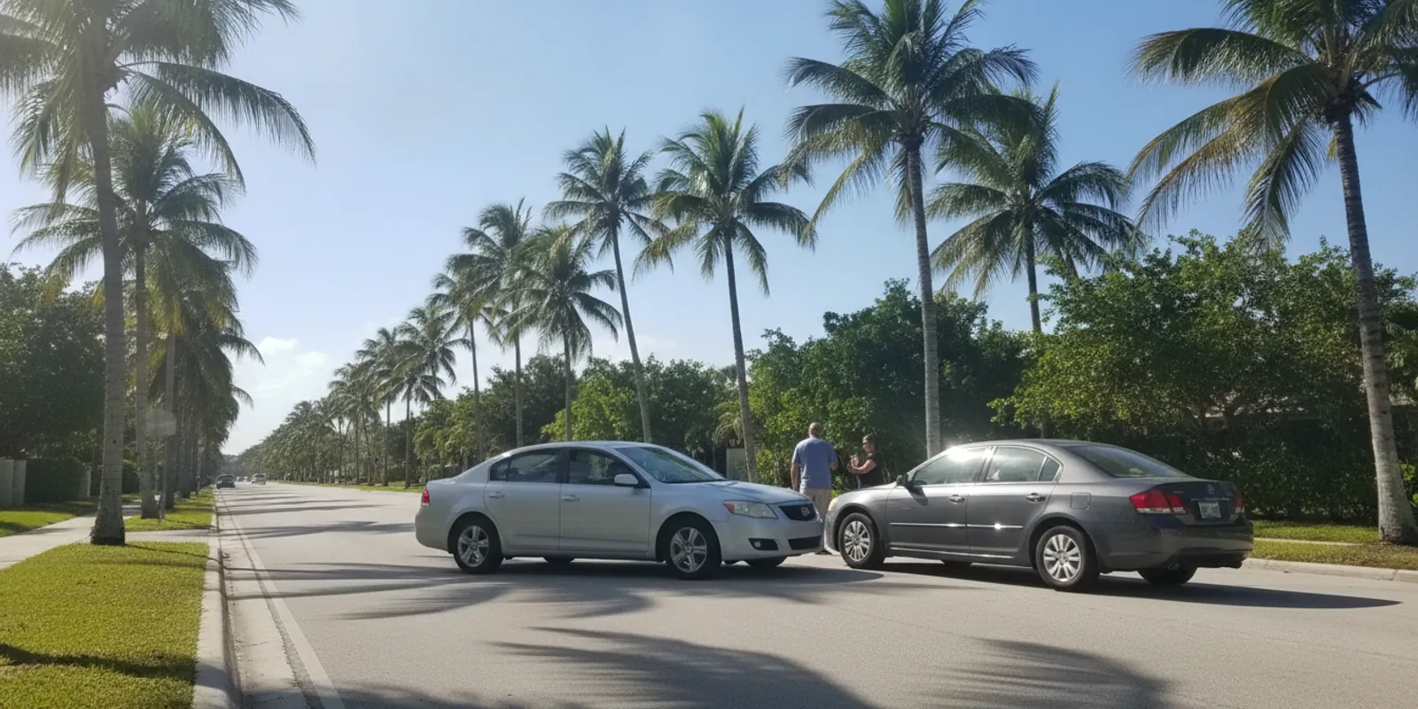 Two cars after a minor collision on a sunny Miami street being photographed for a claim — Accident Lawyer Miami Plus