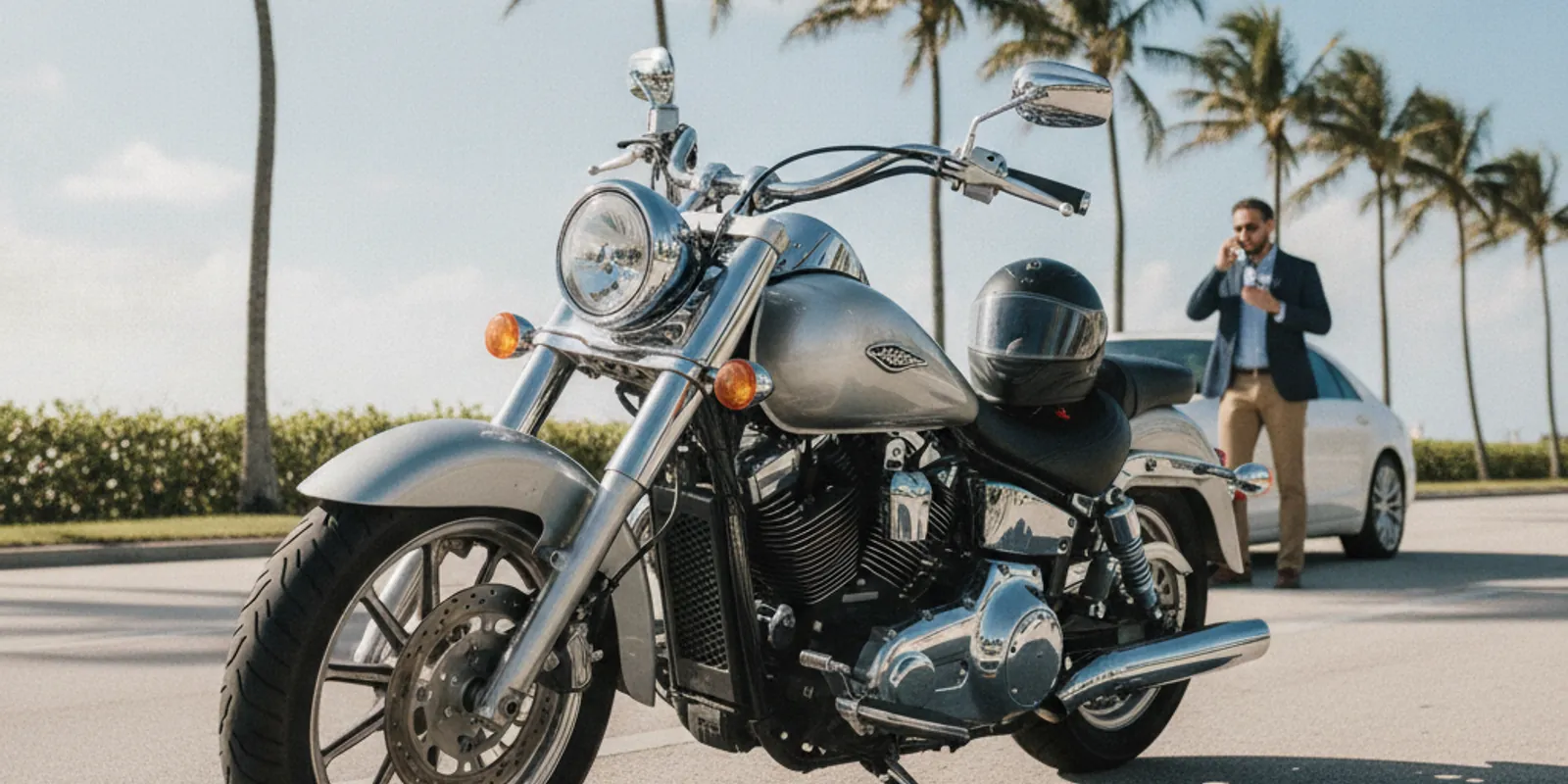 A motorcycle and helmet at a sunny Miami roadside — Accident Lawyer Miami Plus