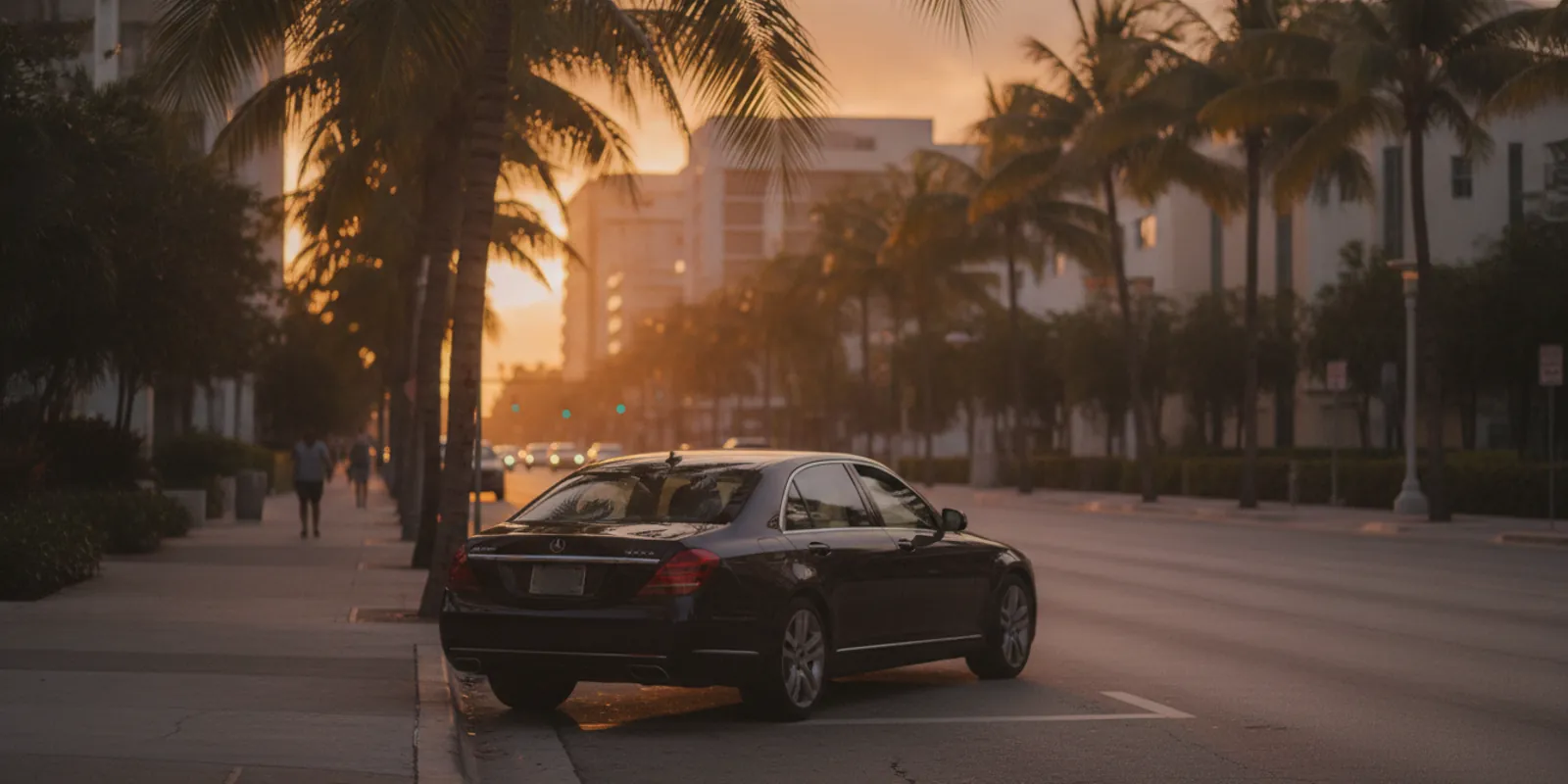 A rideshare sedan on a Miami street at golden hour with the app open — Accident Lawyer Miami Plus