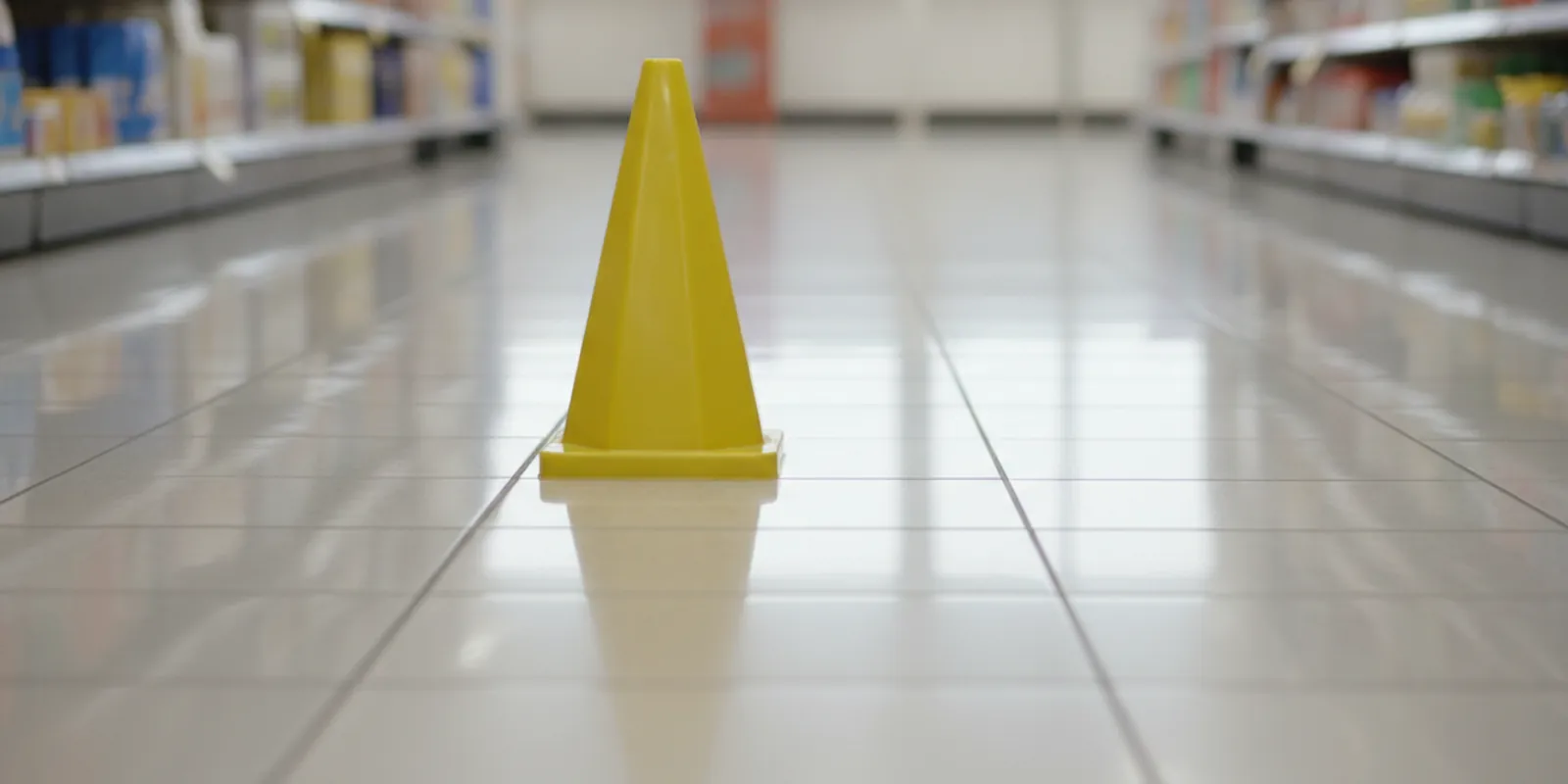 A yellow wet-floor caution sign on a tiled floor in a bright Miami store — Accident Lawyer Miami Plus