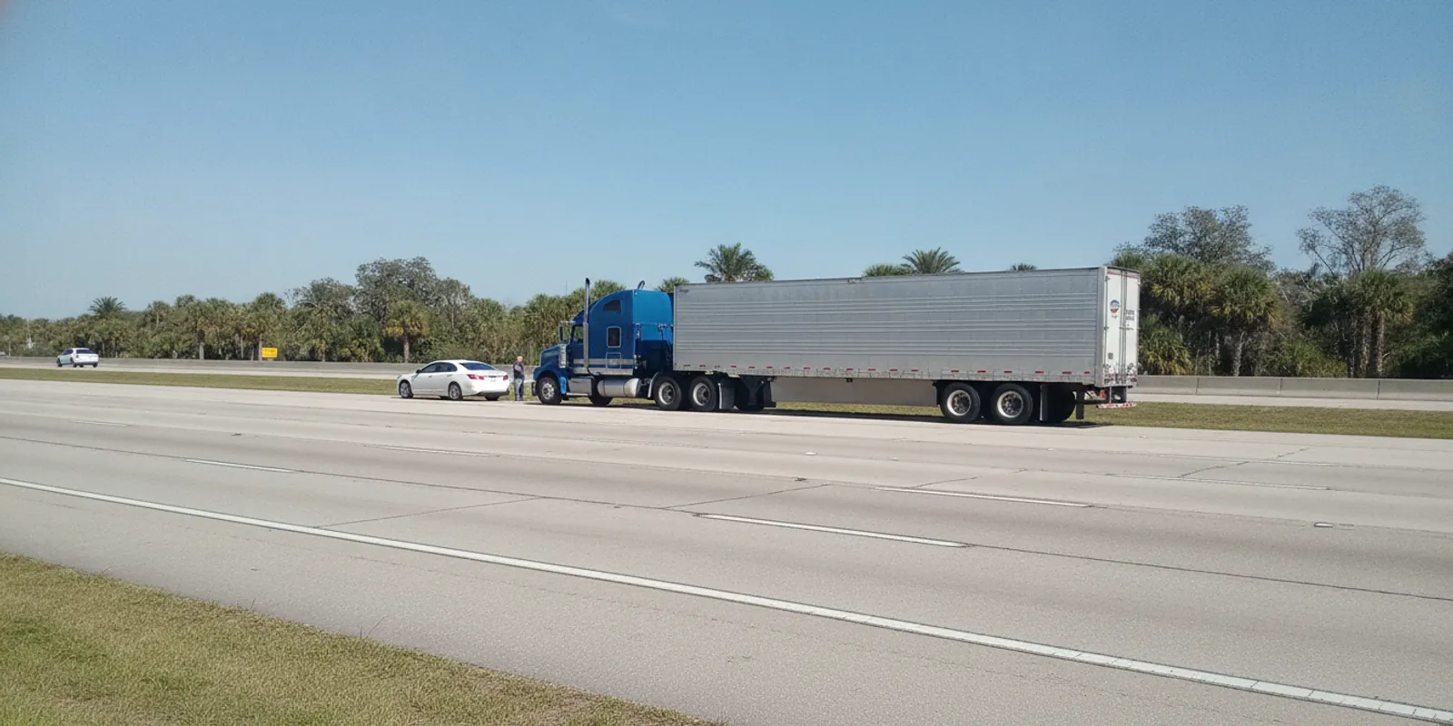 An 18-wheeler semi truck and a car pulled over on a bright Florida highway — Accident Lawyer Miami Plus